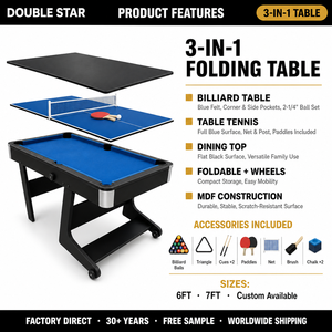 <span class=keywords><strong>Table</strong></span> de <span class=keywords><strong>billard</strong></span> pliante 3-en-1 6FT 7FT, <span class=keywords><strong>table</strong></span> de tennis de <span class=keywords><strong>table</strong></span>, <span class=keywords><strong>table</strong></span> à <span class=keywords><strong>manger</strong></span> avec roulettes, MDF, OEM, vente en gros - Product Image 2