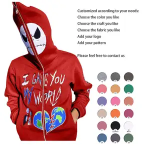 Cadılar bayramı yüksek kalite Unisex Y2K boy % 100% pamuk fermuar ağır özel baskı grafik tam yüz Zip Hoodie