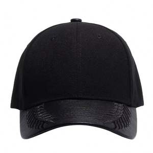 Wholesales Fashion <b>Black</b> Blank Cotton <b>Baseball</b> <b>Caps</b> Leather Brim 100%cotton Hat and Top Leather - Product Image 3