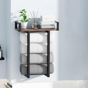 Wall Mounted Wooden Towel Rack With <b>Shelf</b> 4 <b>Bar</b> Storage Organizer For Bathroom Home Use - Product Image 1