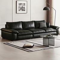 Italienisches Minimalistisches Schwarzes Echtleder-Sofa mit Tiefsitz und Breiter Armlehne, Modernes Wohnzimmer-Modulset, Wohnmöbel