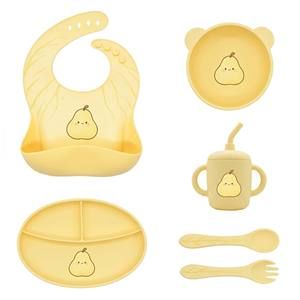 Set de Alimentación de Silicona Personalizado para Bebés <span class=keywords><strong>BLW</strong></span> con Patrones de Frutas de Dibujos Animados, Babero de Grado Alimenticio, Tazón con Succión, Vaso con Pajita, Cuchara y Tenedor - Product Image 3
