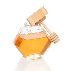 Hot Selling Bulky Sale Hexagon Shaped Glass Honey Jar With Wooden Dipper and Lid