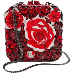 กระเป๋าคลัทช์ผู้หญิงประดับเพชร กระเป๋าทรงสี่เหลี่ยมสำหรับงานกลางคืน ซับในผ้าซาติน หนังไมโครไฟเบอร์สังเคราะห์ สีแดง - Product Image 3