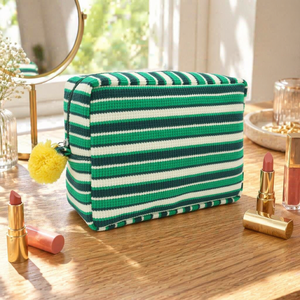 Trousse de Toilette Rayée Effet Gaufre avec Pompon Jaune, Fermeture Éclair, 3 Couleurs Disponibles, Grande Capacité, Organisateur de Maquillage pour Voyage - Product Image 5