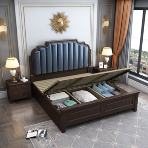 Luxury Style Wooden <b>Bed</b> with Upholstered Blue Headboard, King/Queen Size <b>Bed</b> <b>Frame</b> for Bedroom Furniture - Product Image 5