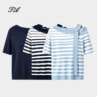 Haut en tricot à manches courtes à rayures nautiques pour femmes Tyan, col bateau avec broche en strass, élégant, coupe ajustée