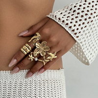 Set Cincin Alloy Desain Unik Gaya Pantai Warna Emas Bunga Bintang Laut Mutiara untuk Wanita Terlaris