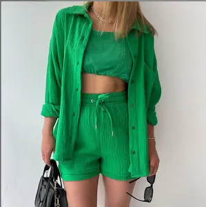 Women's Ruffled Fabric Lapel Long Sleeve Shirt High Waist Drawstring Shorts Fashion Casual Two-piece Set