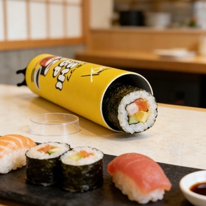 Boîte cylindrique en papier personnalisée pour sushis à emporter, tube en papier avec doublure en aluminium, fond à ouverture facile et compartiment indépendant pour sauce. - Product Image 1