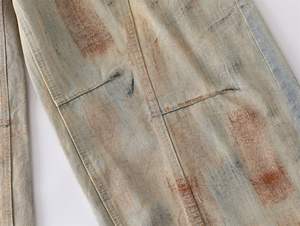 High Street américain rétro <span class=keywords><strong>jaune</strong></span> boueux teint lavé vieux pantalon en jean sale mi ample droit jambe large jean haut - Product Image 5