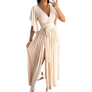 เดรสยาวผู้หญิงแบบสวมใส่สบาย เป็นมิตรกับสิ่งแวดล้อม เหมาะสำหรับฤดูร้อน ดีไซน์คอวีไขว้ สีพื้น เรียบหรู สไตล์ลำลอง ตกแต่งผ้าแบบแพทช์เวิร์ค เหมาะสำหรับฤดูใบไม้ร่วง - Product Image 1