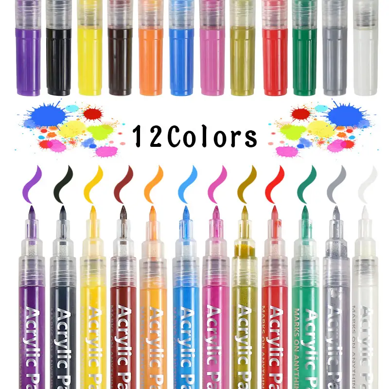 0.7Mm Tekening Kunst Markers 12 Kleuren Acryl Inkt School Briefpapier Levert Permanente Acryl Verf Marker Pennen Set