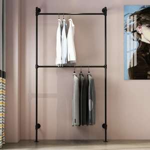 Appendiabiti Industriale in Tubo Metallico da Parete, Espositore Vintage per Abbigliamento con <span class=keywords><strong>Asta</strong></span> Appendiabiti per Armadio Nero - Product Image 6
