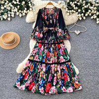 Robe longue décontractée pour femme, coupe trapèze, col en V, manches lanternes, imprimé floral, patchwork de dentelle, ceinturée, élégante, pour soirée et vacances