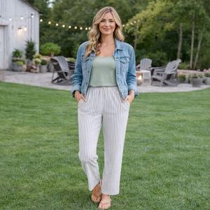 Fornitore di Alta Qualità di Pantaloni da Donna, Pantaloni in <span class=keywords><strong>Lino</strong></span> su Misura <span class=keywords><strong>a</strong></span> <span class=keywords><strong>Righe</strong></span>, Abbigliamento Elegante per Donne - Product Image 1