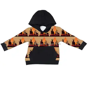 High Quality Baby Kids Fall Hooded Sweater Retro Western Cowboys Print Boys Children 0-16Years Hoodies Shirts