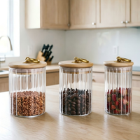 Pot en verre borosilicate rayé avec couvercle à anneau en cuivre et bouchon en bois pour café, graines de melon, noix, écorces de mandarine, feuilles de thé, colle de poisson
