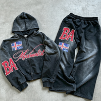 Ensemble survêtement streetwear oversize vintage délavé à l'acide avec logo brodé personnalisé, comprenant un sweat à capuche zippé épais et un pantalon de jogging