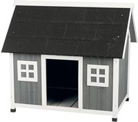 Jaula para Perros Moderna de Madera Gris, Ecológica e Impermeable, con Techo de Asfalto, Refugio Elevado para Exteriores y Ventanas Decorativas
