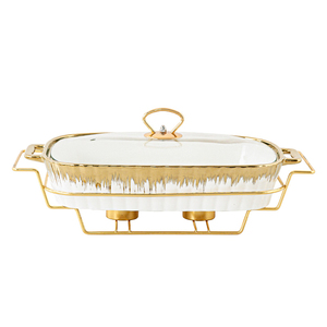 Plat de service en céramique <span class=keywords><strong>blanc</strong></span> <span class=keywords><strong>doré</strong></span> pour salade de fruits, fruits de mer, réchaud alimentaire avec support, buffet de mariage, <span class=keywords><strong>vaisselle</strong></span> de restaurant - Product Image 6