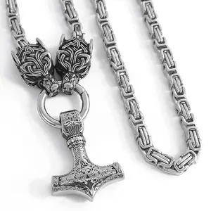 Viking Jewelry Mens Jewelry Stainless Steel King Chain Necklace Wolf Hold Thor Mjolnir Hammer Necklace