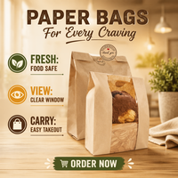 Sac en papier kraft avec grande fenêtre transparente, fond carré, qualité alimentaire, taille personnalisée, résistant à la graisse, logo personnalisé