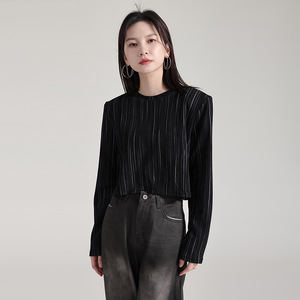 Otoño nueva <span class=keywords><strong>camiseta</strong></span> de mujer diseño de nicho <span class=keywords><strong>rayas</strong></span> verticales de manga larga Base cuello redondo hombrera estilo Casual - Product Image 2