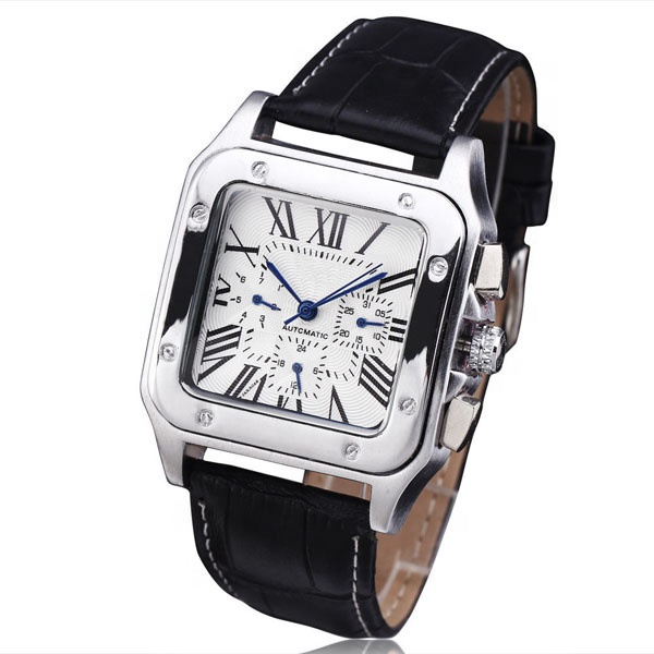 Stainless Steel Business Retro Mechanical Men Watch Luxury Genuine Leather Square Chronograph Automatic Mechanical Watch For Men