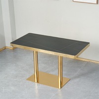 Table de salle à manger de luxe en pierre frittée avec bord et pieds métalliques, facile à nettoyer, durable, idéale pour les buffets et restaurants occidentaux