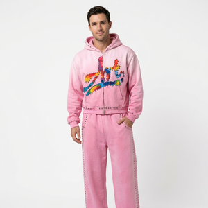 <b>Pink</b> Rhinestone Tracksuit Zip Up <b>Hoodie</b> Set Embroidered Jogger Pants Casual Wear for Unisex - Product Image 2