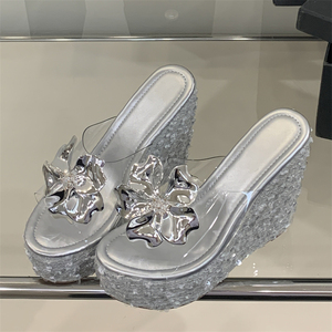 Sandales compensées confortables pour femmes 2025, à talons hauts, ornées de cristaux argentés et de paillettes, avec semelle intérieure en PU et bout ouvert, style mule, en maille, tendance mode - Product Image 6