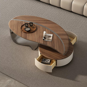 Wan Shi Shun Furniture Solid Wood Coffee Table With Storage Oval Stainless Steel Base Modern Living Room Furniture - Product Image 2