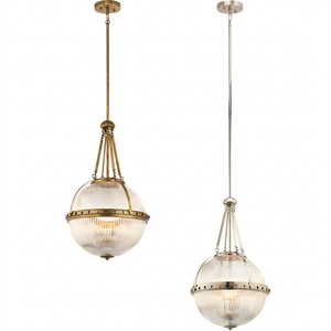 Lámpara Colgante Redonda de Cristal con Acabado en Latón y Globo Acanalado para Decoración del Hogar - Product Image 1
