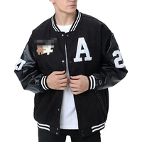 Blouson Bomber Homme Hiver Noir Personnalisé avec Logo Brodé sur Manches en Jean, Lettres Universitaires, Patch Chenille, Réversible, Séchage Rapide