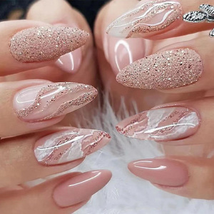 <span class=keywords><strong>Faux</strong></span> <span class=keywords><strong>ongles</strong></span> à presser en acrylique de designer, longs, style français, avec paillettes dorées <span class=keywords><strong>et</strong></span> <span class=keywords><strong>blanc</strong></span> dégradé, pour femmes - Product Image 1