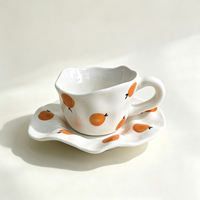 Tasse à café et soucoupe en céramique ondulée irrégulière faite à la main, 200 ml, imprimé fruits oranges, ensemble de tasses à thé pour le thé de l'après-midi