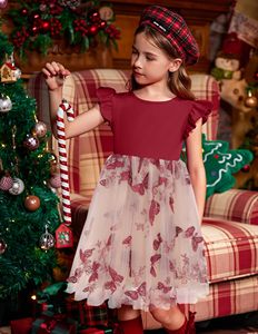 Abito da ragazza vino rosso manica volante Tutu ricamato a farfalla gonne per bambini natale festa di compleanno estate abito da principessa - Product Image 5