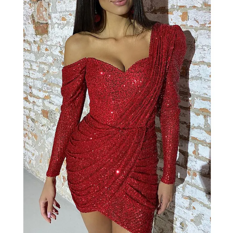 Red Fashion Christmas Women Sequin One Shoulder Ruched Dress Party Dresses