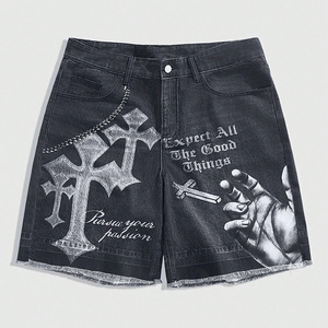 Geometrisch patroon Mid-taille geweven jeansshorts Heren Streetwear Distressed Denim Raw Hem Design Cartoon Print Zomerjeans - Product Image 1