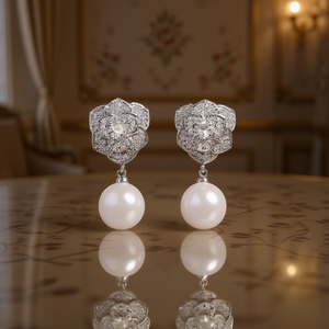 Orecchini pendenti a fiore in oro bianco E3607 con pavé di strass in cristallo, stile classico da donna per matrimonio - Product Image 2