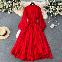 Robe longue élégante pour femme, style rétro français, haute couture, col en V, manches lanternes, ornée de diamants, taille ajustée, jupe longue ample, tailles M-2XL