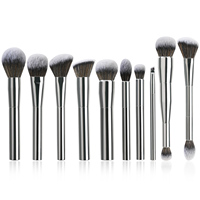 Set kuas rias wajah gagang aluminium perak Mini baru kuas bedak Foundation perona pipi kepala ganda Set kuas Perona mata