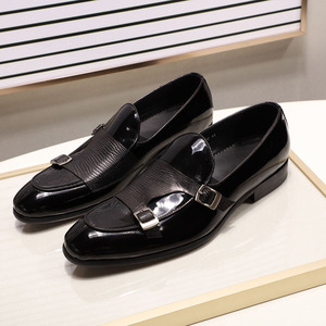Chaussures en cuir haut de gamme pour hommes, mocassins à double boucle en cuir verni vert et noir pour banquets et mariages, cuir véritable - Product Image 4
