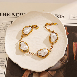 Stainless Steel <b>Bracelet</b> Baroque Pearl 18k <b>Gold</b> Plated <b>Adjustable</b> Jewelry - Product Image 1