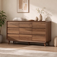 Commode à 9 tiroirs de style nordique, placage en noyer, coins arrondis, armoire de rangement pour chambre à coucher