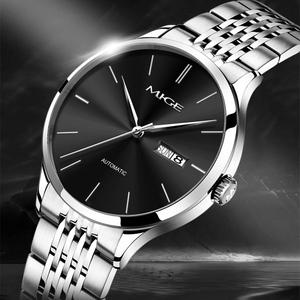 Reloj Mecánico Automático para Hombre MUGE, Correa de Acero Inoxidable, Esfera Negra, Caja Redonda de 38 mm, Estilo Elegante con Indicador de Fecha - Product Image 1