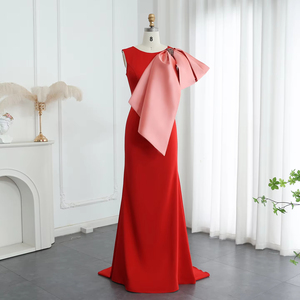 Jancember SF121 Robe de soirée sirène sans manches rouge modeste avec nœud - Product Image 1