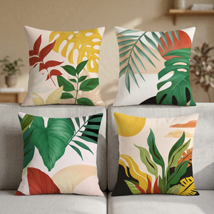 Modern Square Tropical Leaf <b>Linen</b> Pillow <b>Set</b> 18x18 4-Piece Summer Abstract Sunset Home & Hotel Outdoor Sofa Terrace Use - Product Image 3