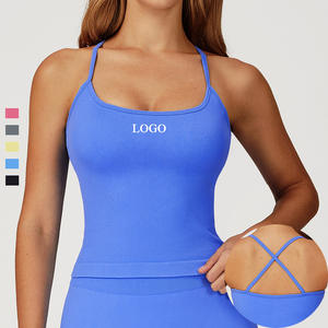 맞춤형 높은 신축성 원활한 골지 슬림 핏 체육관 스포츠 크롭 탑 브라 크로스 스트랩 수분 위킹 피트니스 요가 탱크 탑 - Product Image 1